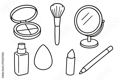 Black and white makeup tools: mirror, brush, lipstick, eyeliner, compact, sponge