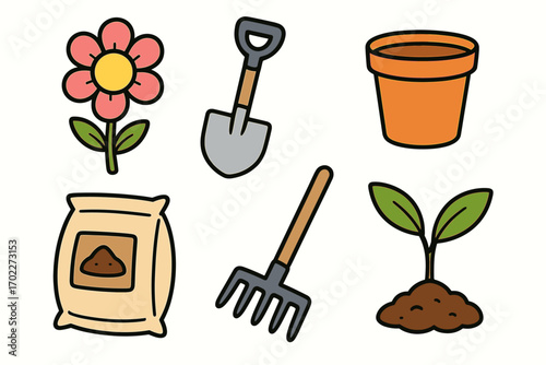 Gardening tools and symbols: shovel, rake, pot, flower, soil, seedling icons