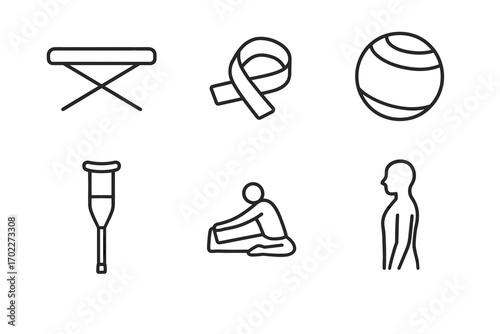 Fitness icons: exercise, equipment, and rehabilitation symbols
