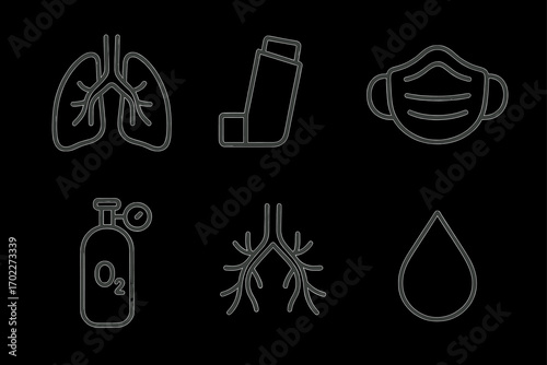 Medical icons: lungs, inhaler, mask, oxygen, bronchi, and blood drop outline