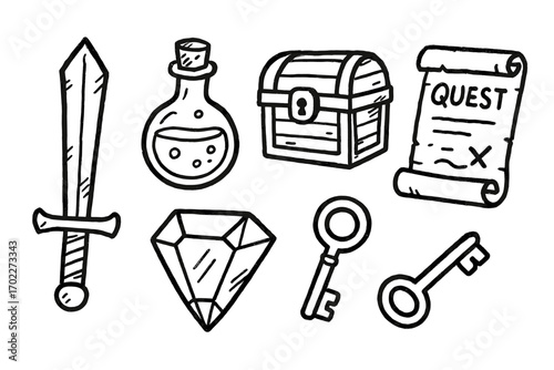 Adventure icons: sword, potion, treasure chest, quest scroll, diamond, keys