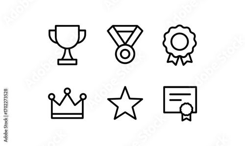Awards and achievements icons: trophy, medal, and certificate in simple line design