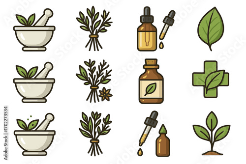 Herbal remedies icons: mortar, pestle, dropper bottles, greenery, cross, sprout