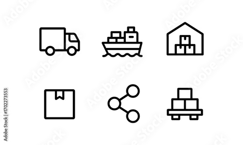 Simple icons of shipping and logistics: truck, ship, warehouse, and more