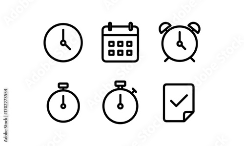 Minimalist time management icons: clock, calendar, stopwatch, checklist