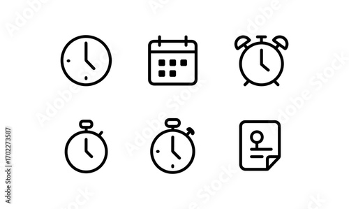 Minimalist linear time management icons with clocks and calendar
