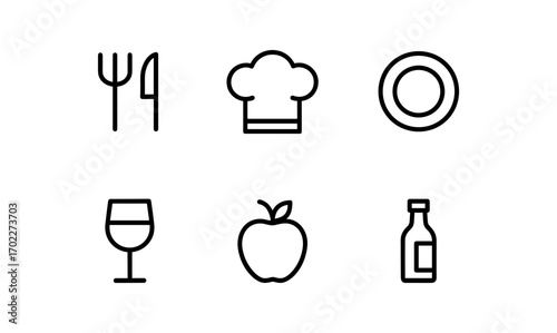 Minimalist black icons representing dining, cooking, and food items