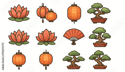 Japanese cultural icons: lanterns, lotus, bonsai trees, and folding fans illustrated