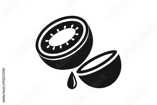 Sliced Kiwi halves with dripping juice icon on white background. Silhouette