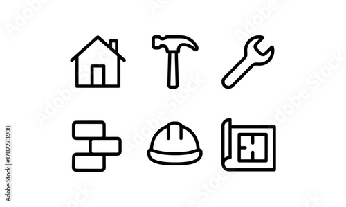 Simple line icons of construction tools and equipment for home improvement