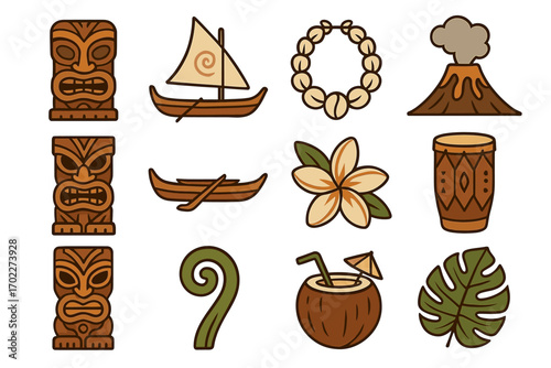 Hawaiian culture icons: tiki statues, canoe, volcano, coconut drink, tropical flower, and leaf