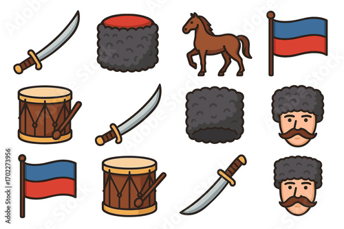 Traditional cossack symbols: swords, fur hats, horses, drums, and flags