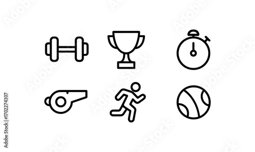 Minimalist sports icons set: trophy, stopwatch, running, and more