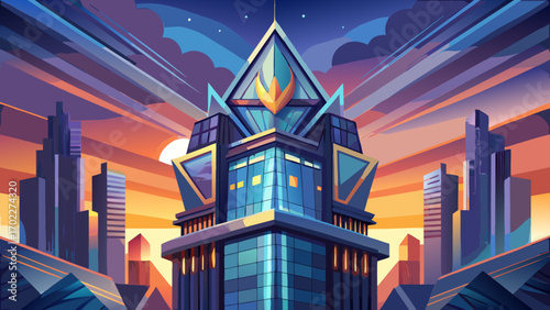 Modern skyscraper tower with reflective glass facades, angular balconies, and illuminated crown, rising dramatically against the evening sky, symbolizing innovation, ambition, and metropolitan power.