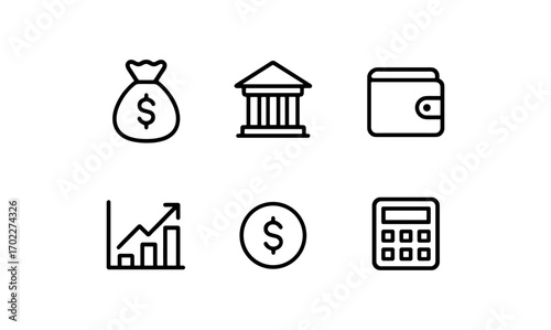 Financial icon set: money bag, bank, wallet in linear style