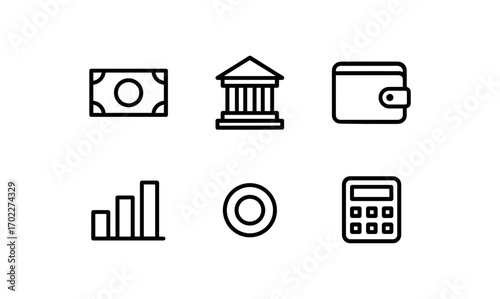 Minimalist finance icons: banking, wallet, money, chart, and calculator designs