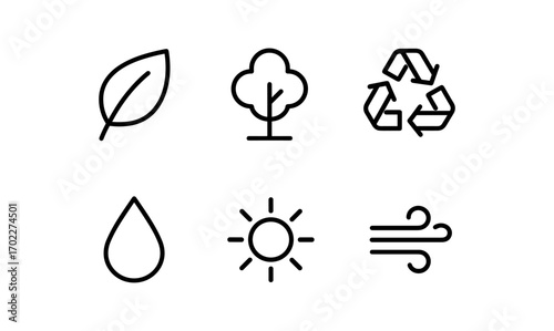 Minimalist eco-friendly icons: nature, recycling, and sustainability symbols