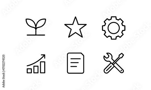 Minimalist icons set featuring plant, star, gear, graph, document, and tools