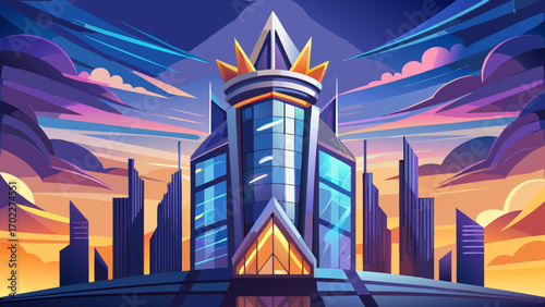 Modern skyscraper tower with reflective glass facades, angular balconies, and illuminated crown, rising dramatically against the evening sky, symbolizing innovation, ambition, and metropolitan power.