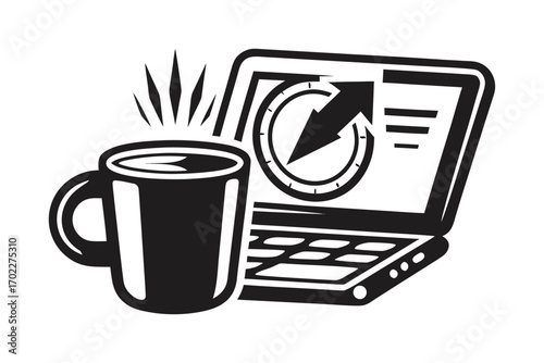 Stylish Hot Coffee Cup Beside Open Laptop with Arrow 
