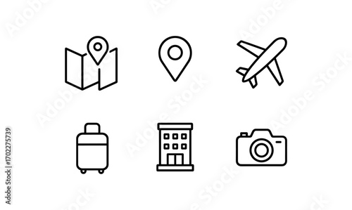 Minimalist travel icons set featuring map, location, airplane, luggage, hotel, camera