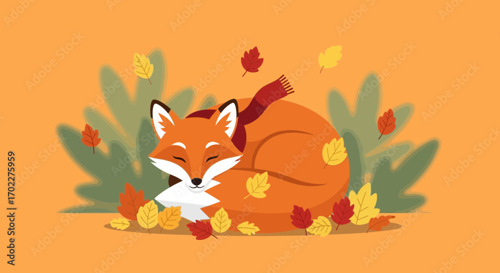 Obraz premium Cozy Fox in Autumn Leaves, Embracing the Gentle Embrace of Fall Season