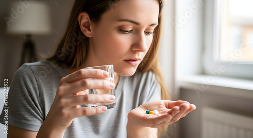 Young Woman Taking Medication with Water at Home