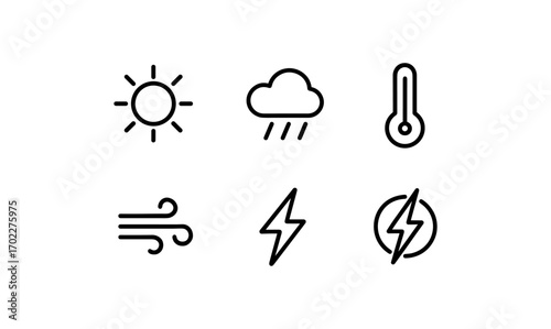 Minimalist weather icons featuring sun, clouds, temperature, wind, lightning