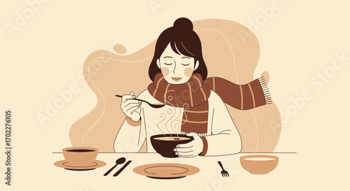 Cozy Winter Moments: Woman Enjoying Warm Soup and Comforting Stillness