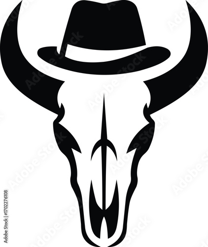 Bull skull wearing fedora hat black and white, Stylish bull skull icon vector design