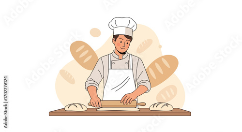 Crafting Freshly Baked Bread: A Whimsical Baker Preparing Dough For Baking Delight