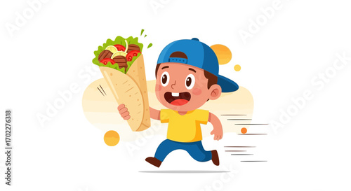 Energetic Boy Carries Delicious Food, Promoting Fast Meals and Culinary Delights Everywhere