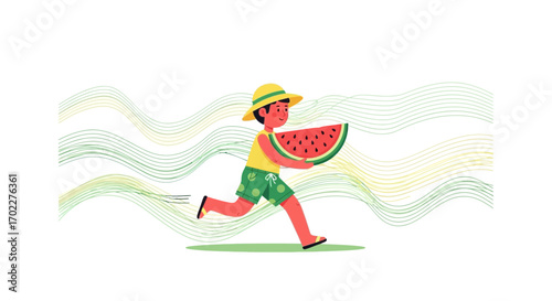 Energetic Child Running With Watermelon, Celebrates Summer Season Joyfully