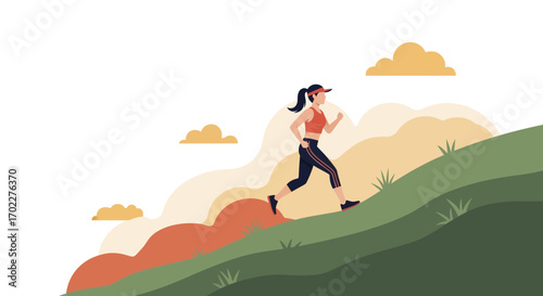 Energetic Female Athlete Runs Uphill Towards Goals Illustrated in Vibrant, Artistic Style