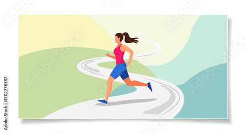 Energetic Female Jogging Along Scenic Winding Path, Emblem Of Active Lifestyle Fitness