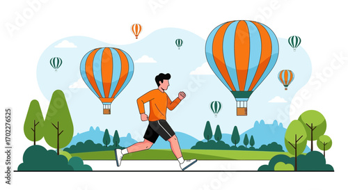 Energetic Person Exercising Outdoors With Hot Air Balloons Amidst Scenic Landscapes