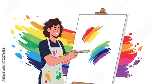 Creative woman artist painting colorful strokes on the canvas cheerfully in studio