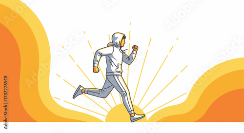 Energetic person running during sunrise depicting health and fitness motivation with sun rays