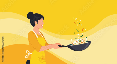Culinary Creation: Woman Wields Wok With Vegetables, Capturing Dynamic Cooking Action Scene