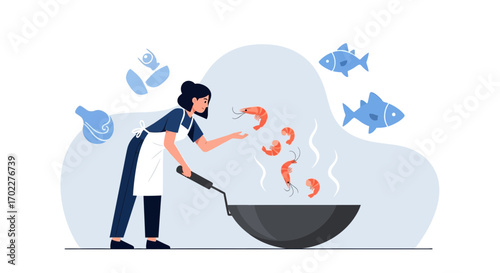 Culinary Illustration of a Chef Cooking Seafood with Animated Visual Elements