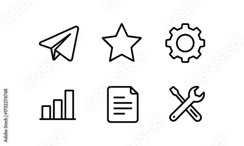 Minimalist line icons: paper plane, star, settings, graph, document, tools