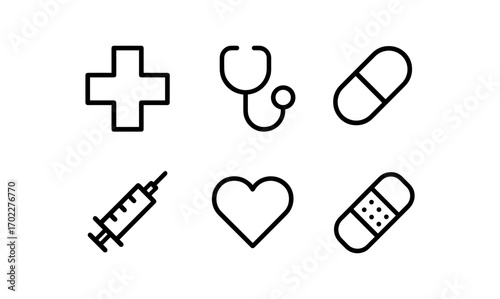 Minimalist medical icons set featuring cross, stethoscope, heart, and medical tools