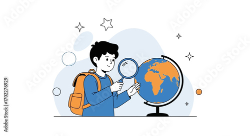 Curious Adolescent Exploring Globe With Magnifying Glass, Discovering World