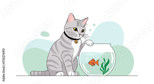 Curious Cat Observes Fish Within A Glass Bowl With Animated Style Illustration Technique
