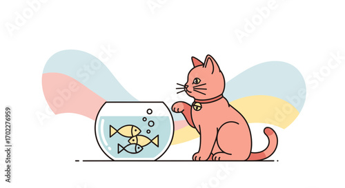 Curious Cat Gazing At Fish In A Fishbowl: An Adorable Cartoon Illustration