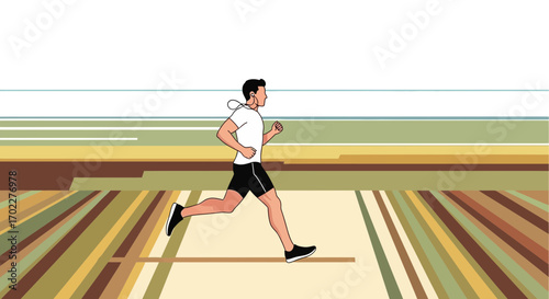Energetic Runner Sprinting On A Striped Path With Headphones, Running Towards A Goal