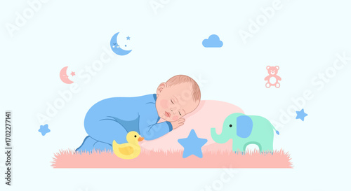 Cute baby sleeping in a blue onesie cartoon with toys and decorations in illustration