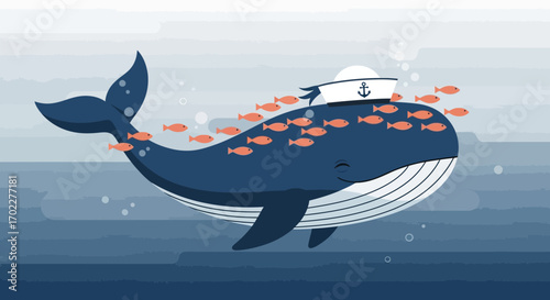 Cute blue whale wearing sailor hat, swimming in the ocean with school of fish illustration