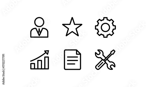 Minimalist business and tools icon set in black linear style