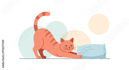 Cute cartoon cat stretching and playing with a pillow on a white background